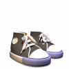 A pair of cartoon-style sneakers with gray uppers, white toe caps, purple soles, and orange inner linings shown in multiple poses against a plain background.