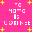 Pixelated text on a bright pink background with yellow starbursts, repeating 'The Name is CORTNEE' in four identical sections.