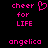 Pixelated pink text and symbols on black background, with one version featuring a heart symbol replacing the 'o' in 'cheer' and another version showing the full word 'cheer' without the heart.
