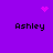 Purple background with four 'Ashley' text labels and three pink pixelated symbols: a heart, starburst, and dot cluster.