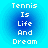 Four identical pixelated text arranged in a on a blue gradient background, each displaying "Tennis Is Life And Dream" in white block letters