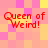 Four identical pixelated text phrases "Queen of Weird!" in red with a heart symbol on pink and yellow checkered background.