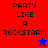 A four- of pixelated text reading "PARTY LIKE A ROCKSTAR!!!" with two star icons, each in distinct solid colors