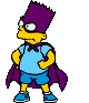 Animated sequence of a cartoon character with spiky purple hair, light blue shirt, blue shorts, and purple cape in various poses against gray background.