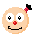 Two pixelated circular faces with light skin tones, red noses, and black hair bows; one face smiles while the other frowns with angry lines above its eyes.