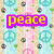 Six distinct pixel art arranged in a , each with unique text and imagery including peace symbols, musical notes, and colorful abstract patterns
