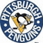 Circular icon with blue and white patterned border containing stylized text, center features yellow and black penguin-like figure on white background.