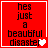 Red background with black text reading 'hes just a beautiful disaster' and white pixelated heart symbols in four