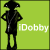 Pixelated black figure with glowing eyes stands against lime green background, white text 'iDobby' appears to the right.