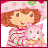 A 48x48 pixel animated contact sheet showing two frames of a Strawberry Shortcake-themed buddy icon with a cartoon girl holding a cat and a logo frame.