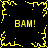 Pixelated yellow explosion with four 'BAM!' texts on black background, framed by jagged yellow border.