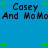Blue background with green plus signs and repeated black text reading "Casey And MoMo" in two