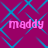 A static image with a magenta background overlaid by blue diamond-shaped lines, featuring four instances of the word 'maddy' in pink lowercase letters.