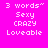 Pixelated text displays "3 words" followed by "Sexy," "CRAZY," and "Loveable" on a bright pink background with alternating light pink highlights