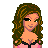Pixel art of a woman with brown curly hair in a pink top, holding a pink floral bag, with legs in strappy sandals, surrounded by repeated 'SHOPPING' and 'LIFE!' text.