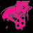 A static pixelated icon with a bright pink shape against black background, featuring irregular edges and scattered dark voids.