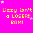 Bright pink background with repeated yellow text "Lizzy isn't a LOSER!! BAM!" and scattered white stars, partially cropped on the right.