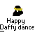 Pixel art icon of a black figure with yellow headband and green eyes, displaying two distinct poses beneath text reading "Happy Daffy dance".