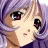 Pixelated anime-style character with purple hair and large dark eyes, side profile against black background with white text.