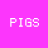 Pixelated pink pig icon with "PIGS ROCK!" text on a bright magenta background, displayed in a 2x2 contact sheet layout with one visible frame showing the pig's face.