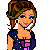 Pixel art contact sheet showing a female character in various poses with pink pants and dark top, including full-body, partial body, and close-up views alongside text "Pretty in Pink".