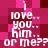 Pixelated text on a pink and maroon checkered background reads 'i love.. you.. him.. or me??' in white lowercase letters with question marks.