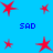 Red star-shaped icons with varying sizes and pixelated edges on a solid blue background, accompanied by the text "SAD" in blue block letters.