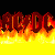 Animated contact sheet of AC/DC logo frames with fire effects and scrolling lyrics on a yellow background.