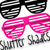 Two pairs of striped sunglasses, one black and one pink, with stylized text below them on a white background.