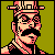 Pixel art portrait of a character with mustache and hat against olive background, rendered in red/black/peach palette.