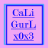 Pixelated blue text on a pink background within a layered blue border frame.