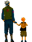 Pixel art of two figures holding hands, one adult and one child, with visible animation changes in their poses.