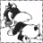 Black-and-white cartoon character with dark hair and a white cloud-shaped headpiece, holding a small bag while animated heart symbols appear above its head.