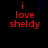 Red pixelated text 'i love shelby' on black background with blue heart symbol above the first frame's 'i'.