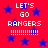 Red background with blue stars and white text reading "LET'S GO RANGERS" followed by multiple exclamation marks.