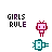 Pixel art icon with 'GIRLS RULE' text, two robot figures in pink and teal colors on white background.