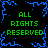 Green text reading ALL RIGHTS RESERVED repeated four times on a black background with blue pixelated border, displayed in a