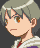 Pixelated character with gray hair and brown eyes in traditional clothing, showing two distinct facial expressions