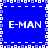 Blue background with white pixelated text "E-MAN" repeated four times in a , bordered by alternating light blue and white square patterns
