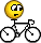 Yellow circular head with wide eyes and neutral mouth riding a bicycle, wheels rotating in sequence across three
