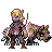 Pixel art character with blonde hair and blue eyes, wearing a dark mask covering the lower face, purple top, brown boots, holding multiple weapons while standing beside a wolf-like creature.