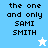 Pixelated text reads "the one and only SAMI SMITH" on light blue background with white star icon; bottom-left shows same text on white background with blue star