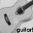 Black-and-white pixelated guitar icon with visible text 'guitar!' at bottom, showing slight animation in string and body details.