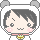Pixel art contact sheet showing two frames of a chibi-style character with dark hair, pink cheeks, and a yellow-and-brown chest emblem in white spacesuits against gray background.