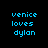Pixelated text 'venice loves dylan' in cyan on black background with white rectangular overlays shifting across the