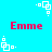 Pixelated red text "Emme" on cyan background with white square-and-dot animation patterns. White squares and dots form four distinct animated sequences across the frame.