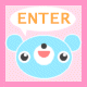 Blue cartoon bear head with large eyes and a smiling mouth on pink polka-dot background; orange 'ENTER' text in speech bubble above left side.