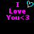 Pixelated text and heart symbol on black background, with cyan heart icon above pink 'I Love You<3' text.