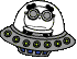 Animated UFO icon with a cartoon alien pilot wearing goggles, showing sequential changes in the glowing light on its base.