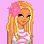 Pixel art contact sheet showing three frames of an animated icon featuring a blonde character with pink flower accessory, striped shirt, and white pants against light purple background.